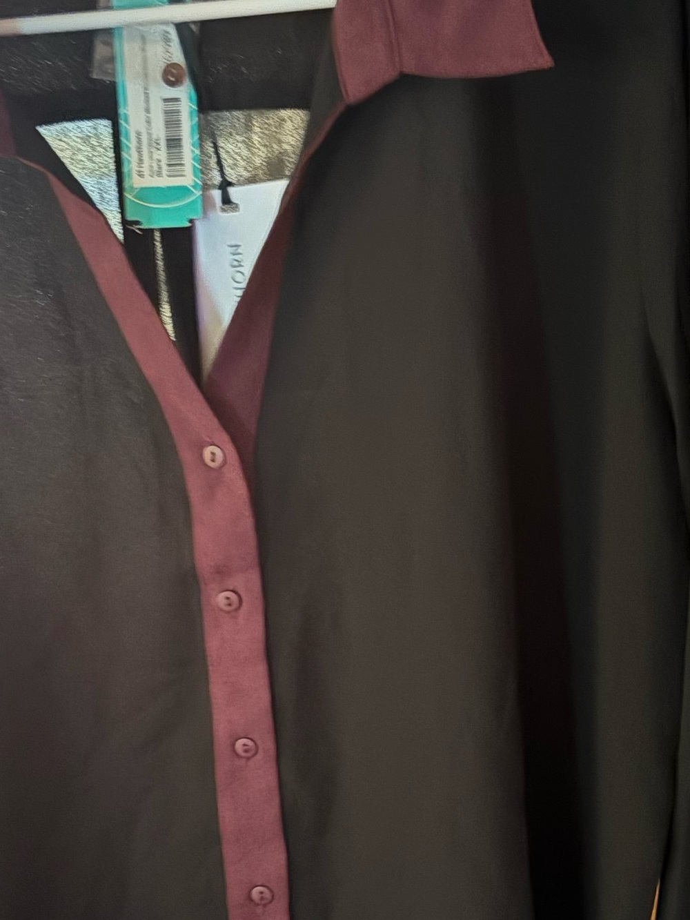 Womens Two-Tone Button-Up Shirt — Black with purple Trim